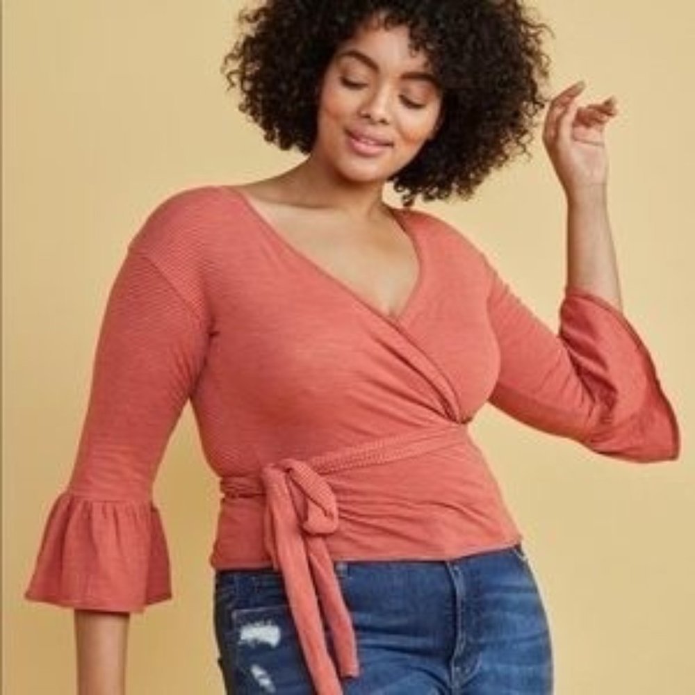 Marine Layer Women's NWT Red Stripe Ruffle Bell Sleeve Ava Wrap Top Blouse XL